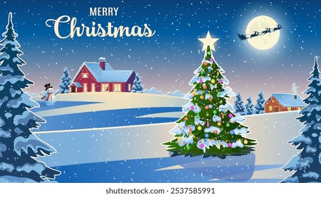 Winter snow landscape and houses with christmas tree and snowman. concept for greeting or postal card. Winter snow landscape and houses with snowflakes falling from sky. vector illustration.