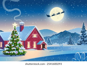 Paisagem de neve de inverno e casas com árvore de Natal. conceito para saudação ou cartão postal. fundo com lua e a silhueta do Papai Noel voando em um trenó. ilustração vetorial.