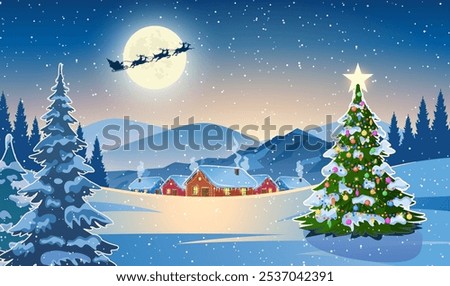 Winter snow landscape and houses with christmas tree. concept for greeting or postal card. background with moon and the silhouette of Santa Claus flying on a sleigh. vector illustration.