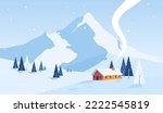 Winter snow landscape and houses on vector background with snowflakes falling from the sky. Winter scenery of cold weather and village houses in town or village forest, snowy hills and fields
