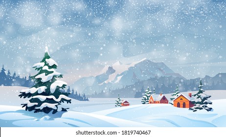 Winter snow landscape and houses on vector background with snowflakes falling from sky. Christmas winter scenery of cold weather and village houses in town or village forest, snowy hills and fields