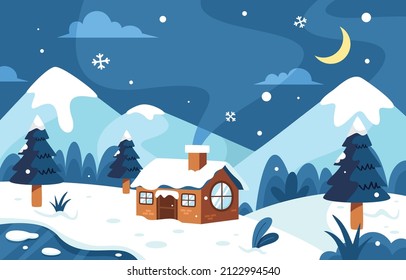 Winter snow landscape and houses on vector background with snowflakes falling from sky. Christmas winter scenery of cold weather and village houses in town or village forest, snowy hills and fields