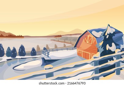 Winter snow landscape and houses on vector background with snowflakes falling from sky. Christmas winter scenery of cold weather and village houses in town or village forest, snowy hills and fields