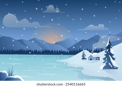 Winter snow landscape and houses on vector background with snowflakes falling from sky. winter scenery of cold weather and village houses in town or village forest, snowy hills and fields