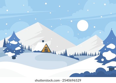 Paisaje de nieve invernal y casas sobre fondo de Vector con copos de nieve cayendo del cielo Paisaje invernal de Clima frío y casas de pueblo en bosque de pueblo o pueblo, colinas nevadas y campos