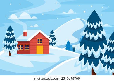 Paisaje de nieve de invierno y casas sobre fondo de Vector con copos de nieve cayendo del cielo. Paisaje invernal de Clima frío y casas de pueblo en bosque de pueblo o pueblo, colinas nevadas y campos