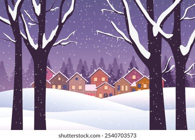 Paisaje de nieve de invierno y casas sobre fondo de Vector con copos de nieve cayendo del cielo. Paisaje invernal de Clima frío y casas de pueblo en bosque de pueblo o pueblo, colinas nevadas y campos