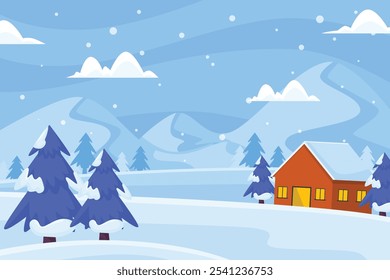 Paisaje de nieve de invierno y casas sobre fondo de Vector con copos de nieve cayendo del cielo. Paisaje invernal de Clima frío y casas de pueblo en bosque de pueblo o pueblo, colinas nevadas y campos