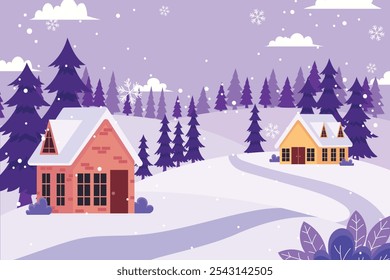 Winter snow landscape and houses on vector background with snowflakes falling from sky. winter scenery of cold weather and village houses in town or village forest, snowy hills and fields