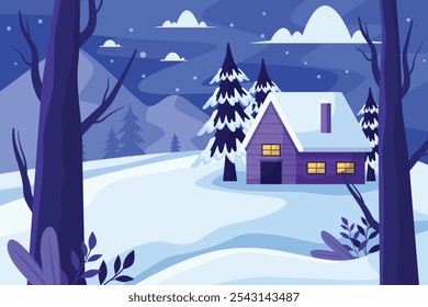 Winter snow landscape and houses on vector background with snowflakes falling from the sky. Winter scenery of cold weather and village houses village forest, snowy hills and fields