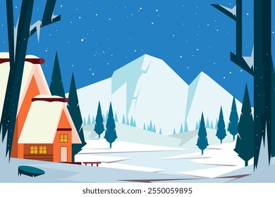 Winter snow landscape and houses on vector background with snowflakes falling from the sky. Winter scenery of cold weather and village houses village forest, snowy hills and fields