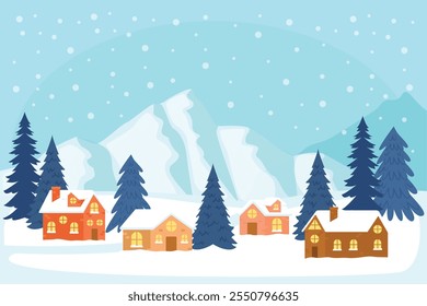 Paisaje de nieve invernal y casas sobre fondo de Vector con copos de nieve cayendo del cielo Paisaje invernal de Clima frío y casas de pueblo en bosque de pueblo o pueblo, colinas nevadas y campos