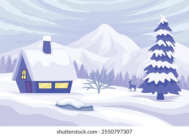 Winter snow landscape and houses on vector background with snowflakes falling from the sky. Winter scenery of cold weather and village houses in town or village forest, snowy hills and fields