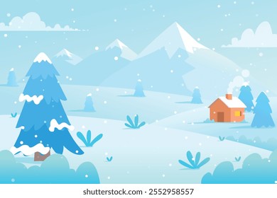 Paisaje de nieve de invierno y casas sobre fondo de Vector con copos de nieve cayendo del cielo. Paisaje invernal de Clima frío y casas de pueblo en bosque de pueblo o pueblo, colinas nevadas y campos