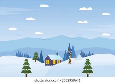 Paisaje de nieve de invierno y casas sobre fondo de Vector con copos de nieve cayendo del cielo. Paisaje invernal de Clima frío y casas de pueblo o bosque de pueblo, colinas nevadas y campos