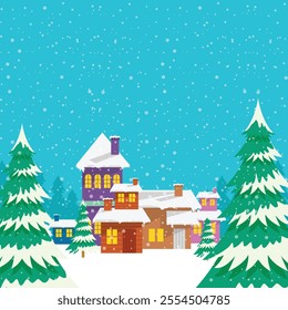 Winter snow landscape and houses on vector background with snowflakes falling from sky. winter scenery of cold weather and village houses in town or village forest, snowy and fields