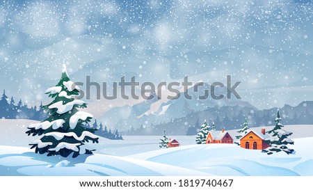 Winter snow landscape and houses on vector background with snowflakes falling from sky. Christmas winter scenery of cold weather and village houses in town or village forest, snowy hills and fields