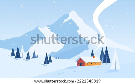 Winter snow landscape and houses on vector background with snowflakes falling from the sky. Winter scenery of cold weather and village houses in town or village forest, snowy hills and fields