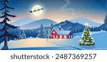 Winter snow landscape and houses with snowflakes falling from sky. Winter leisure, Christmas vacation, snowy hills, tree and fields. Santa Claus with deers in sky. Vector illustration