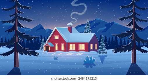 Winter snow landscape and houses with snowflakes falling from sky. Winter leisure, Christmas vacation, snowy hills and fields. Winter leisure, Christmas vacation. cartoon Vector illustration