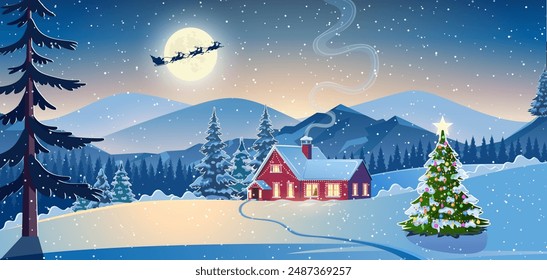 Winter snow landscape and houses with snowflakes falling from sky. Winter leisure, Christmas vacation, snowy hills, tree and fields. Santa Claus with deers in sky. Vector illustration