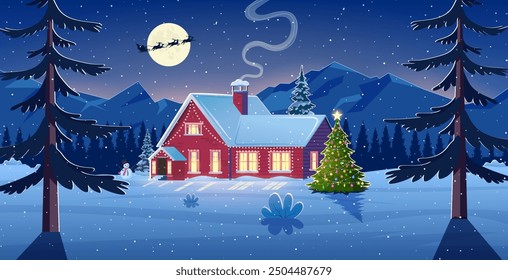 Winter snow landscape and houses with snowflakes falling from sky. Winter leisure, Christmas vacation, snowy hills, tree and fields. Santa Claus with deers in sky. Vector illustration