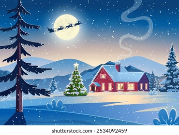 Winter snow landscape and houses with snowflakes falling from sky. Winter leisure, Christmas vacation, snowy hills, tree and fields. Santa Claus with deers in sky. Vector illustration