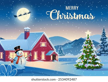 Winter snow landscape and houses with snowflakes falling from sky. Winter leisure, Christmas vacation, snowy hills, tree and fields. Santa Claus with deers in sky. Vector illustration