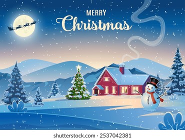 Winter snow landscape and houses with snowflakes falling from sky. Winter leisure, Christmas vacation, snowy hills, tree and fields. Santa Claus with deers in sky. Vector illustration