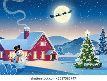 Winter snow landscape and houses with snowflakes falling from sky. Winter leisure, Christmas vacation, snowy hills, tree and fields. Santa Claus with deers in sky. Vector illustration