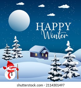 Winter snow landscape on vector background with snow falling from sky. Vector illustration.	