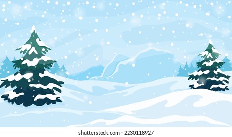 Winter snow landscape with snowflakes falling from sky. Christmas winter scenery of cold weather