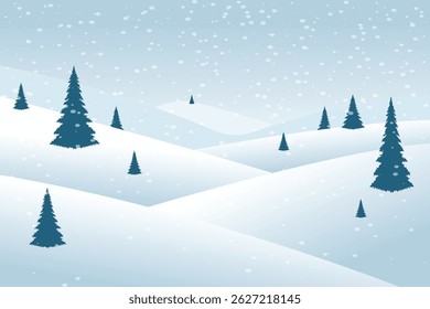 Winter snow landscape,  with snowflakes falling from sky. Christmas winter scenery of cold weather.