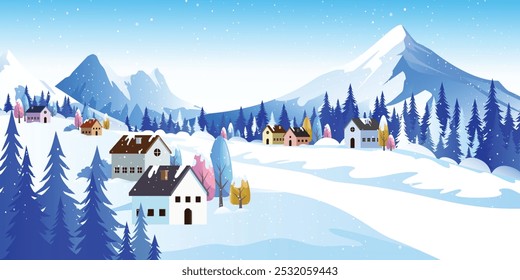 Winter snow landscape, snowy countryside with mountains in the background.