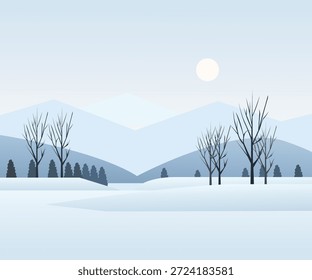 Paisagem de neve de inverno com árvores e montanhas Ilustração do vetor