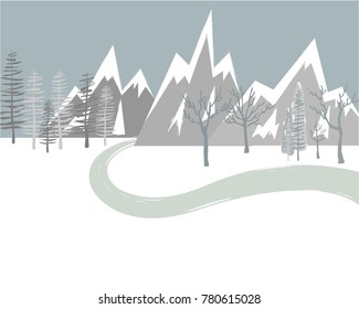 Winter snow landscape vector illustration. Lonely road in winter landscape. Winter background and wallpaper. 