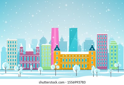 Winter Snow in Madrid City Cityscape Skyline Landmark Building Illustration