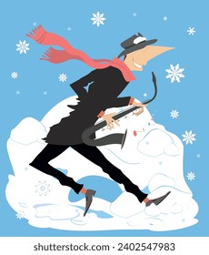 Winter. Snow. Man playing saxophone. 
Winter concert. Snowflakes. Smiling musician playing saxophone with inspiration
