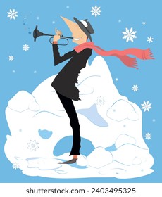 Winter. Snow. Man playing trumpet. 
Winter concert. Snowflakes. Smiling musician playing trumpet with inspiration
