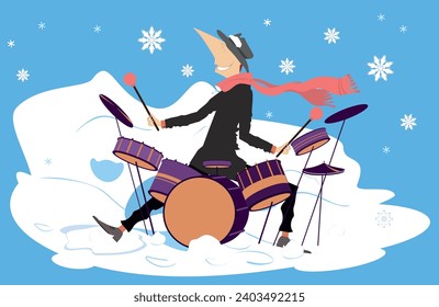 Winter. Snow. Man plays on drum kit. 
Winter concert. Snowflakes. Smiling musician plays on drum kit with inspiration
