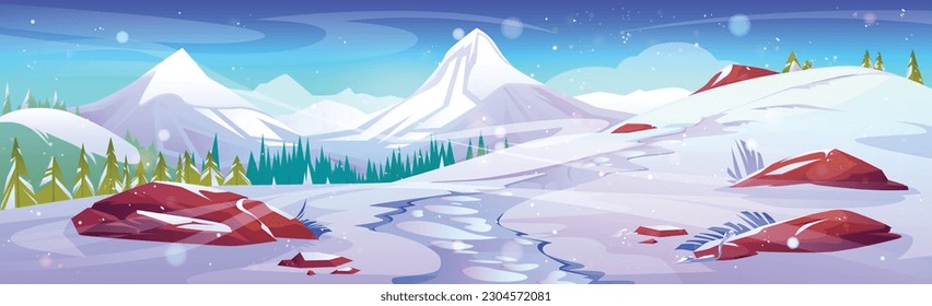 Winter snow mountain landscape cartoon vector background. Journey horizon view from hill on scenery tree. North track road to forest in snowy wonderland valley with blizzard in xmas holiday season