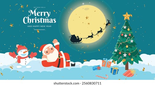 Winter snow and mountain landscape at night and Christmas tree. concept for greeting, postcard or banner on christmas theme. background with moon and silhouette of Santa Claus flying on a sleigh.