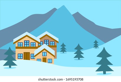Winter snow mountain ski resort with hotel. Panoramic blue background. Cableway car. Aerial lift, Alps, fir trees and mountains. Flat style vector illustration.