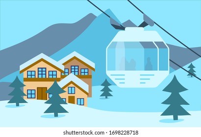Winter snow mountain ski resort with snow hotel. Panoramic background. Cableway car. Aerial lift, Alps, fir trees and mountains. Flat style vector illustration.