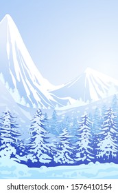 Winter snow Natural pine forest Mountains horizon Landscape wallpaper Illustration vector style Colorful view background