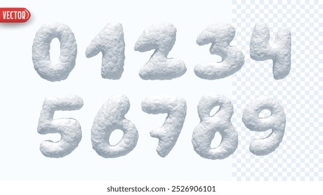 Winter Snow numbers realistic 3d design isolated on background. Set of numbers from 0 to 9 made from snowy white texture. vector illustration