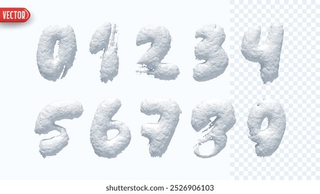 Invierno Nieve números realista diseño 3d aislado en el fondo. Conjunto de números del 0 al 9 hechos de textura blanca nevada. Ilustración vectorial