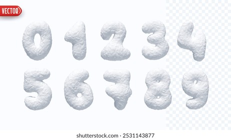 Winter Snow numbers realistic 3d design isolated on background. Set of numbers from 0 to 9 made from snowy white texture. vector illustration