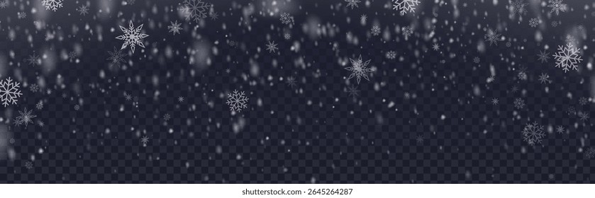 Winter snow overlay with falling snowflakes on dark transparent background - realistic white flake particles floating down for Christmas design, holiday decoration and seasonal effect composition.