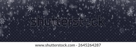 Winter snow overlay with falling snowflakes on dark transparent background - realistic white flake particles floating down for Christmas design, holiday decoration and seasonal effect composition.